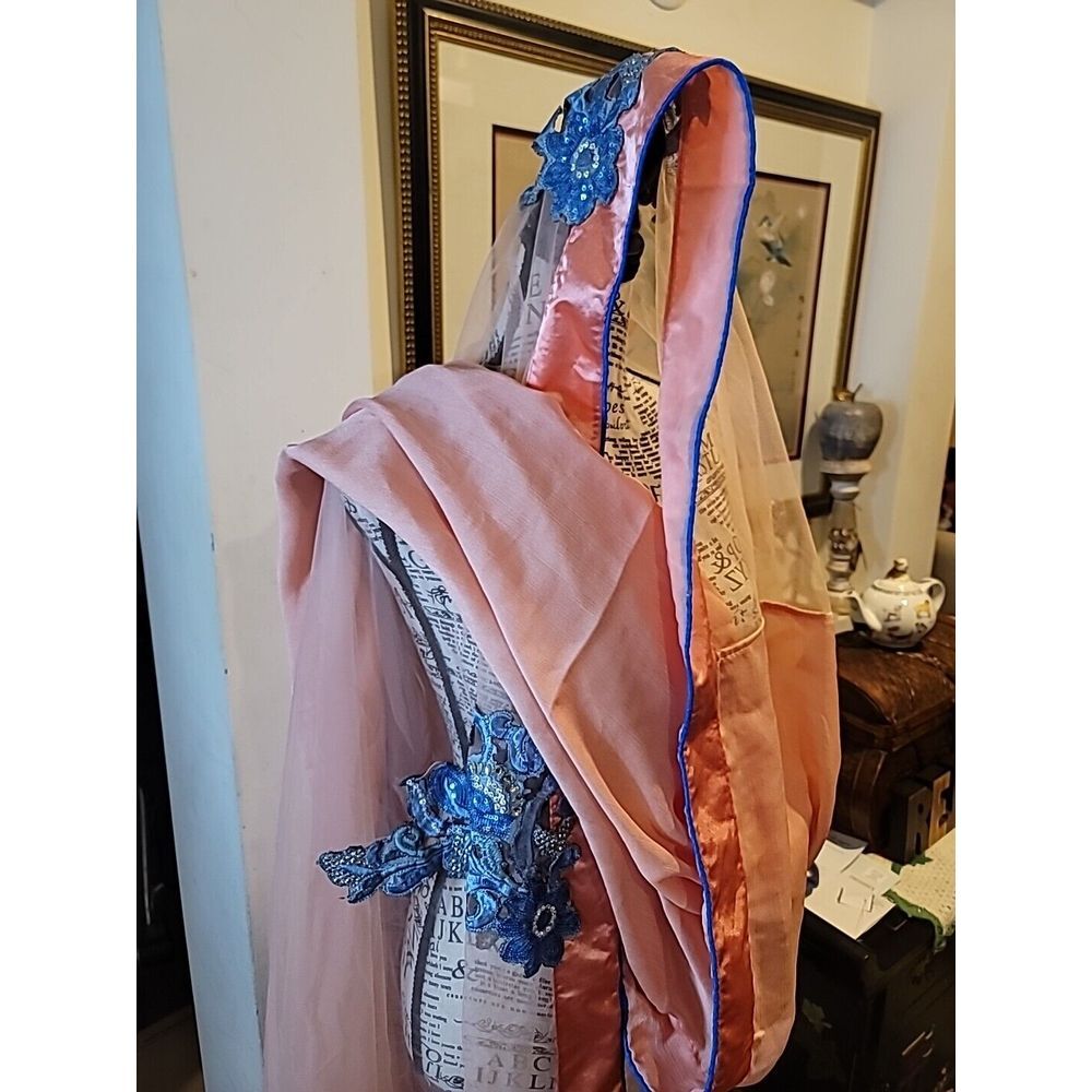 Vintage Heavy Bridal Dupatta Peach Long Hijab‎ Embroidered Veil - Picture 3 of 10